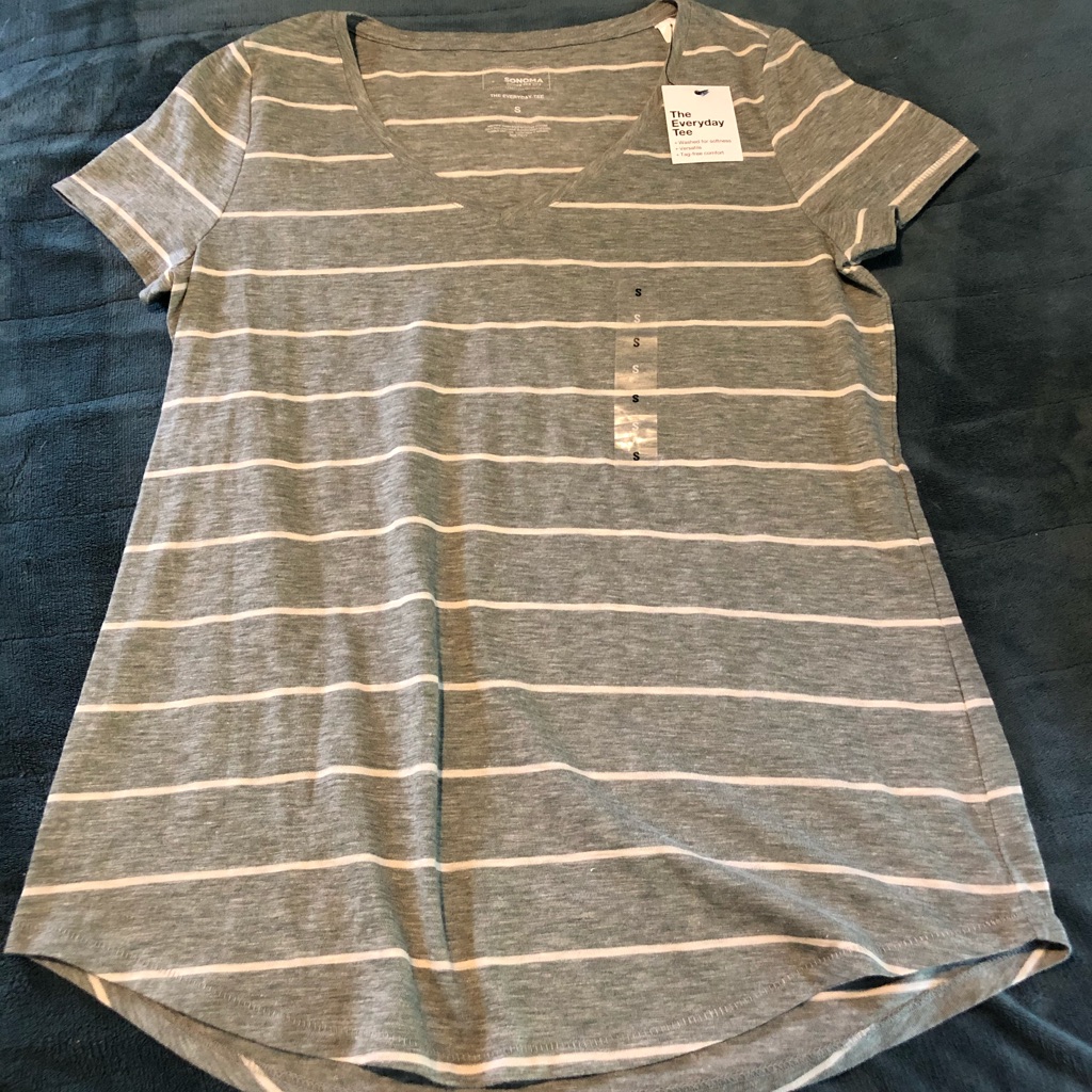 Grey And White Striped V-Neck “Everyday” Tee